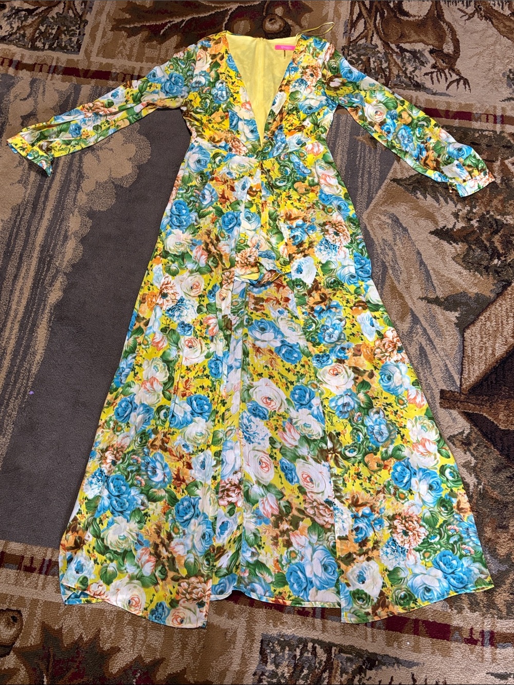 Xtaren Floral V-Neck Maxi Romper Dress in Yellow and Blue